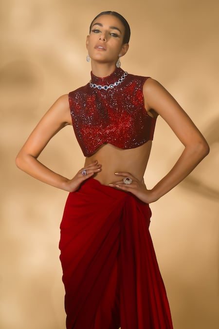 Buy_Nikhil Thampi_Red Georgette Rhinestones High Pre-draped Solid Saree With Embellished Blouse _Online_at_Aza_Fashions