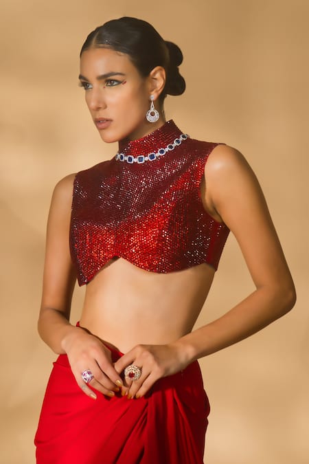 Shop_Nikhil Thampi_Red Georgette Rhinestones High Pre-draped Solid Saree With Embellished Blouse _Online_at_Aza_Fashions