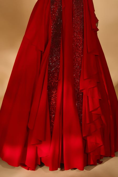 Nikhil Thampi_Red Georgette, Polyester Rhinestones Collared Lehenga Ruffle Cape Set _Online_at_Aza_Fashions