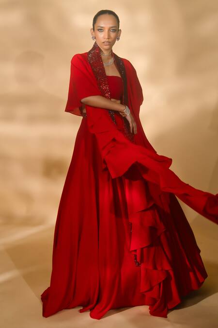 Buy_Nikhil Thampi_Red Georgette, Polyester Rhinestones Collared Lehenga Ruffle Cape Set _Online_at_Aza_Fashions