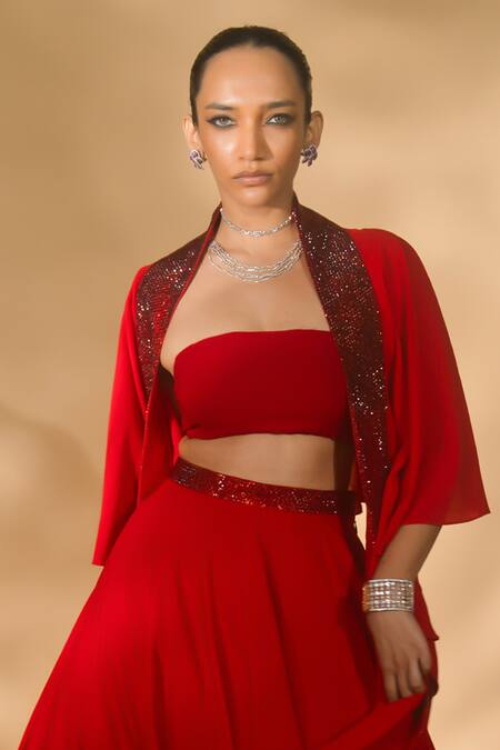 Shop_Nikhil Thampi_Red Georgette, Polyester Rhinestones Collared Lehenga Ruffle Cape Set _Online_at_Aza_Fashions