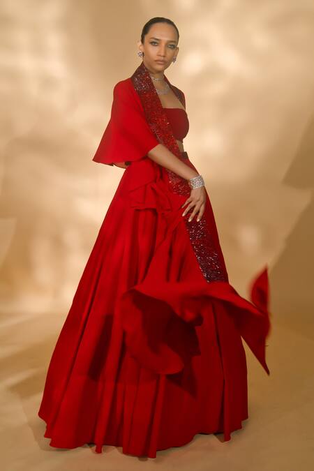 Nikhil Thampi_Red Georgette, Polyester Rhinestones Collared Lehenga Ruffle Cape Set _at_Aza_Fashions