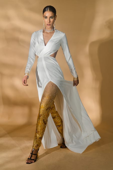 Nikhil Thampi White Volvo Embellished Rhinestone V-neck Cut-out Anarakali With Pant  