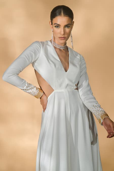 Buy_Nikhil Thampi_White Net, Velvet, Voile Rhinestones Cut-out Anarakali With Embellished Pant _Online_at_Aza_Fashions