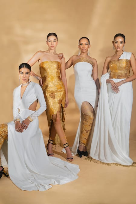 Shop_Nikhil Thampi_White Net, Velvet, Voile Rhinestones Cut-out Anarakali With Embellished Pant _Online_at_Aza_Fashions