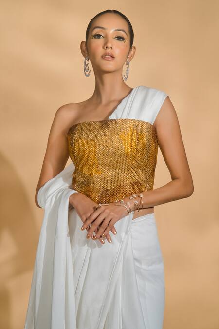 Nikhil Thampi_White Georgette Rhinestones Solid Pre-draped Saree With Embellished Corset _Online_at_Aza_Fashions