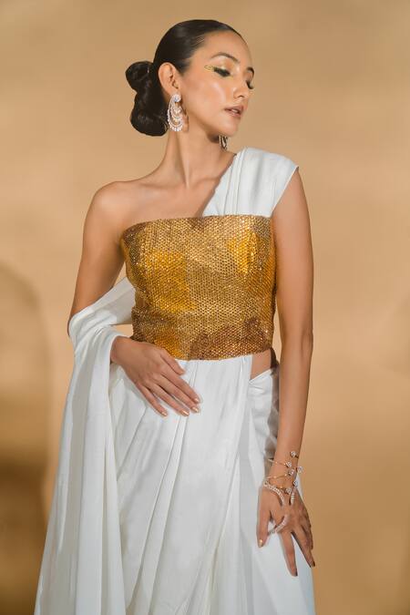 Buy_Nikhil Thampi_White Georgette Rhinestones Solid Pre-draped Saree With Embellished Corset _Online_at_Aza_Fashions
