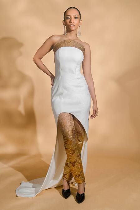 Buy_Nikhil Thampi_White Net, Voile Rhinestones Strapless Cut-out Kurta With Embellished Pant _Online_at_Aza_Fashions