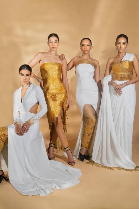 Shop_Nikhil Thampi_White Net, Voile Rhinestones Strapless Cut-out Kurta With Embellished Pant _Online_at_Aza_Fashions