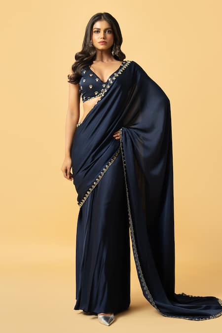 Quench A Thirst Blue Modal Satin Sequin Embellished Pre-draped Saree With Blouse 