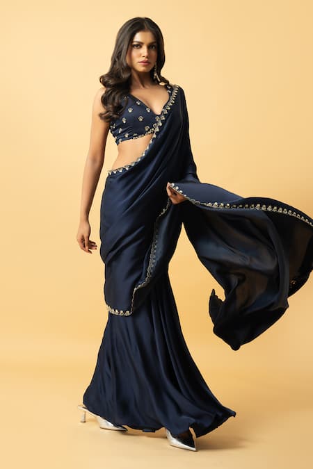 Buy_Quench A Thirst_Blue Modal, Satin Sequins, Beads V-neck Embellished Pre-draped Saree With Blouse _Online_at_Aza_Fashions
