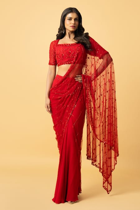 Quench A Thirst Red Georgette Jaal Embellished Pre-draped Saree With Blouse 