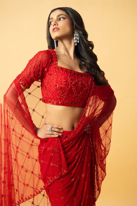 Buy_Quench A Thirst_Red Georgette, Net Sequins, Beads Jaal Embellished Pre-draped Saree With Blouse _Online_at_Aza_Fashions