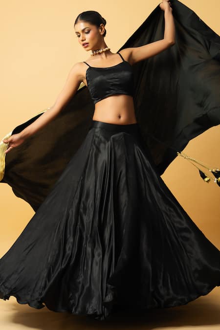 Shop_Quench A Thirst_Black Modal, Satin Lace V-neck Solid Lehenga Set With Border Dupatta _Online_at_Aza_Fashions
