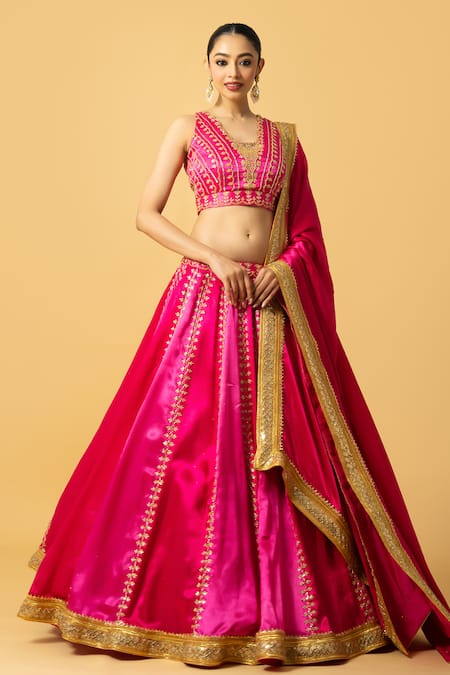 Quench A Thirst Fuchsia Modal Satin Embroidered Bead Halter Neck Sequin Ombre Lehenga Set 