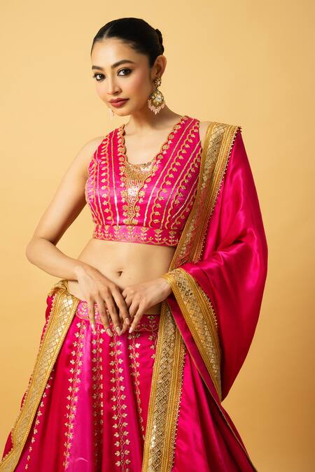 Quench A Thirst_Fuchsia Modal, Satin Sequins, Beads Halter Neck Embroidered Ombre Lehenga Set _Online_at_Aza_Fashions