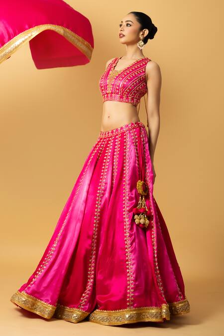 Shop_Quench A Thirst_Fuchsia Modal, Satin Sequins, Beads Halter Neck Embroidered Ombre Lehenga Set _Online_at_Aza_Fashions