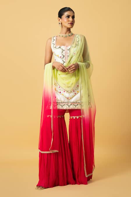 Quench A Thirst_Ivory Georgette, Chanderi Silk, Net Sequins, Beads Embroidered Kurta Sharara Set _Online_at_Aza_Fashions