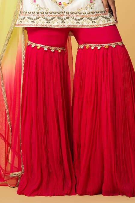 Buy_Quench A Thirst_Ivory Georgette, Chanderi Silk, Net Sequins, Beads Embroidered Kurta Sharara Set _Online_at_Aza_Fashions