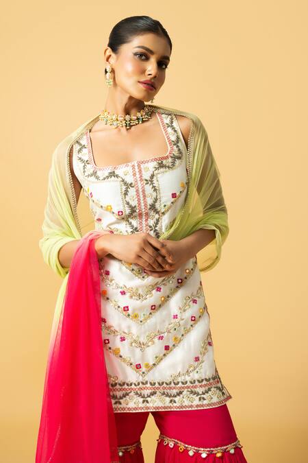 Shop_Quench A Thirst_Ivory Georgette, Chanderi Silk, Net Sequins, Beads Embroidered Kurta Sharara Set _Online_at_Aza_Fashions