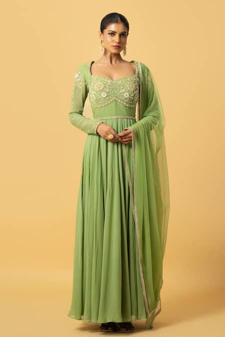 Quench A Thirst Green Georgette Embroidered Bead Floral Sequin Anarkali With Dupatta 