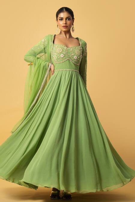 Quench A Thirst_Green Georgette, Satin, Net Sequins, Floral Embroidered Anarkali With Dupatta _Online_at_Aza_Fashions