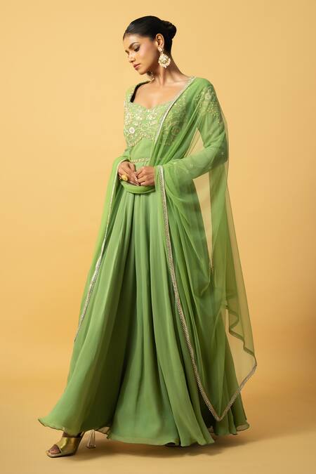Buy_Quench A Thirst_Green Georgette, Satin, Net Sequins, Floral Embroidered Anarkali With Dupatta _Online_at_Aza_Fashions