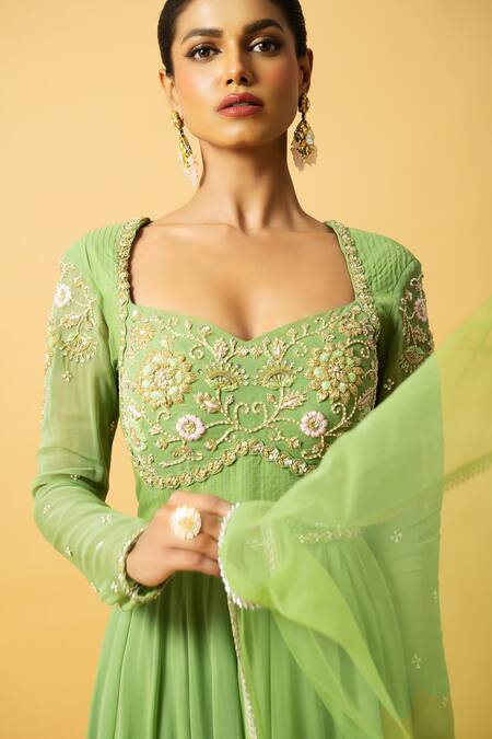 Shop_Quench A Thirst_Green Georgette, Satin, Net Sequins, Floral Embroidered Anarkali With Dupatta _Online_at_Aza_Fashions