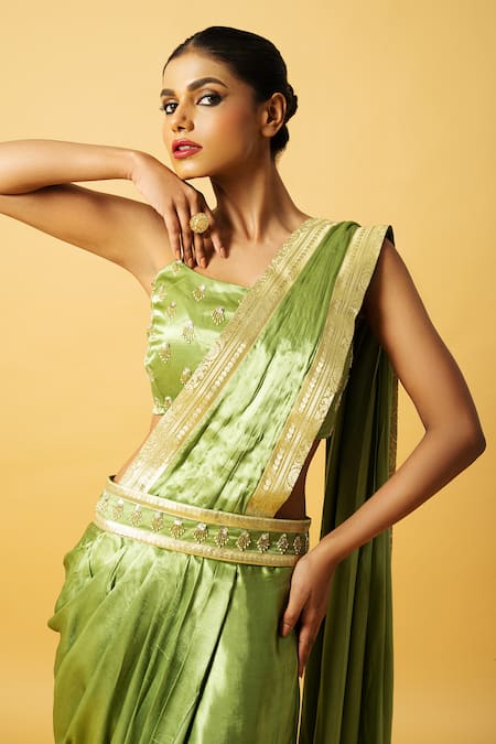 Quench A Thirst_Green Modal, Satin Sequins, Beads Square Lace Border Pre-draped Saree Blouse Set _Online_at_Aza_Fashions