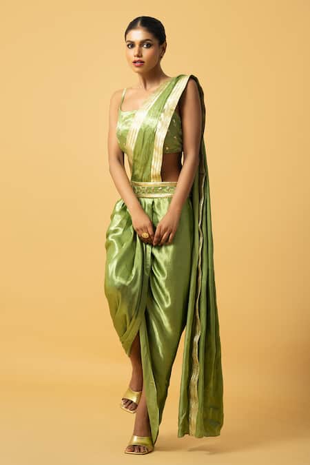 Buy_Quench A Thirst_Green Modal, Satin Sequins, Beads Square Lace Border Pre-draped Saree Blouse Set _Online_at_Aza_Fashions