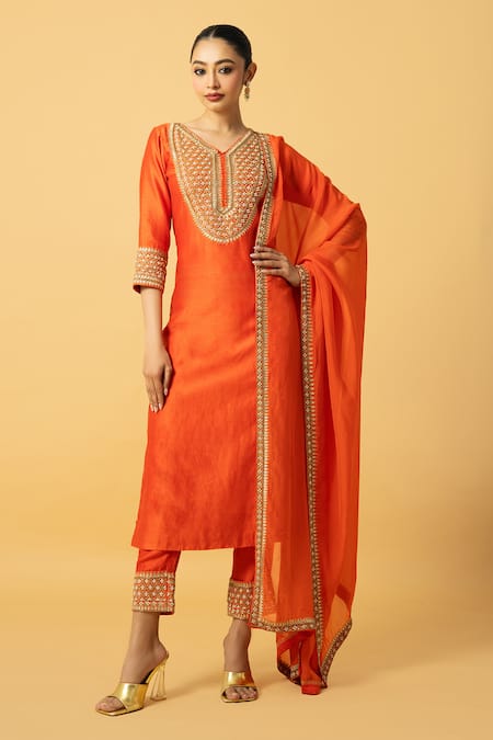 Quench A Thirst Orange Chanderi Silk Embroidered Bead V-neck Floral Sequin Kurta Pant Set 