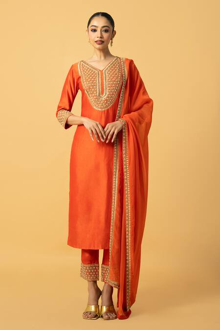 Quench A Thirst_Orange Organza, Chanderi Silk Sequins, Beads Floral Embroidered Kurta Pant Set _Online_at_Aza_Fashions
