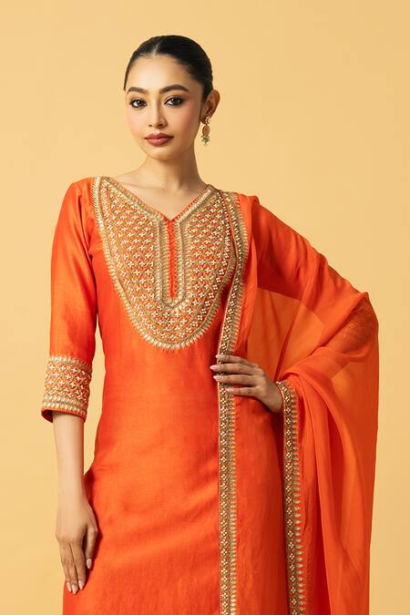 Buy_Quench A Thirst_Orange Organza, Chanderi Silk Sequins, Beads Floral Embroidered Kurta Pant Set _Online_at_Aza_Fashions