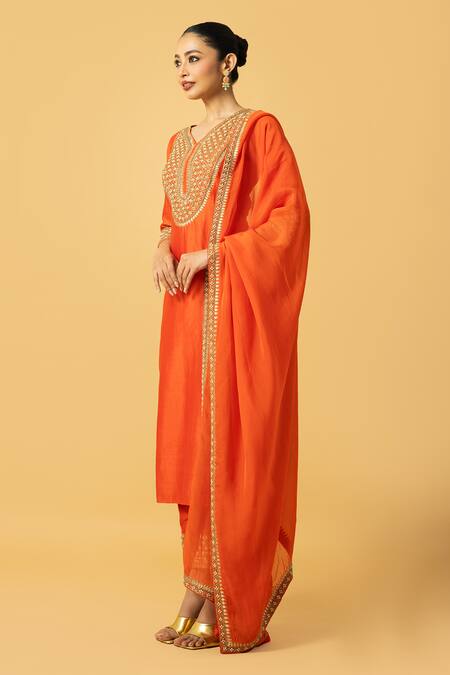 Shop_Quench A Thirst_Orange Organza, Chanderi Silk Sequins, Beads Floral Embroidered Kurta Pant Set _Online_at_Aza_Fashions