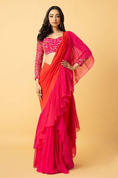 Quench A Thirst Orange Georgette Embroidered Bead Ombre Pre-draped Ruffle Saree With Blouse 