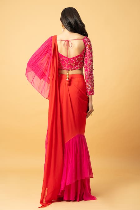 Quench A Thirst Ombre Pre-Draped Ruffle Saree With Embroidered Blouse 