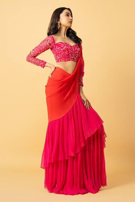 Quench A Thirst_Orange Georgette Embroidery, Beads, Ombre Pre-draped Ruffle Saree With Blouse _Online_at_Aza_Fashions