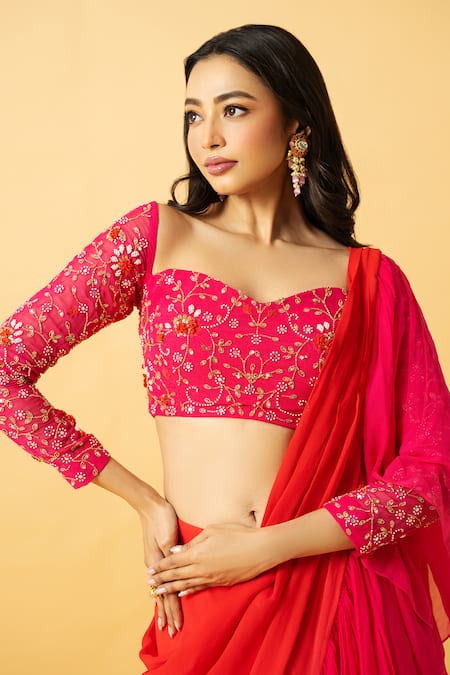 Buy_Quench A Thirst_Orange Georgette Embroidery, Beads, Ombre Pre-draped Ruffle Saree With Blouse _Online_at_Aza_Fashions