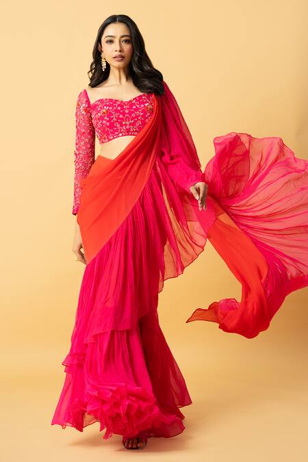 Shop_Quench A Thirst_Orange Georgette Embroidery, Beads, Ombre Pre-draped Ruffle Saree With Blouse _Online_at_Aza_Fashions