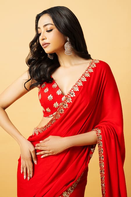 Quench A Thirst_Red Modal, Satin Gota Patti, Mirrors, Gotapatti Pre-draped Saree With Blouse _Online_at_Aza_Fashions
