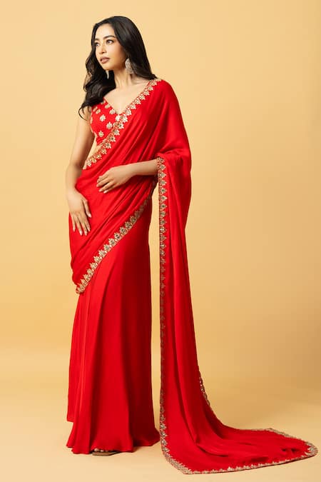 Buy_Quench A Thirst_Red Modal, Satin Gota Patti, Mirrors, Gotapatti Pre-draped Saree With Blouse _Online_at_Aza_Fashions