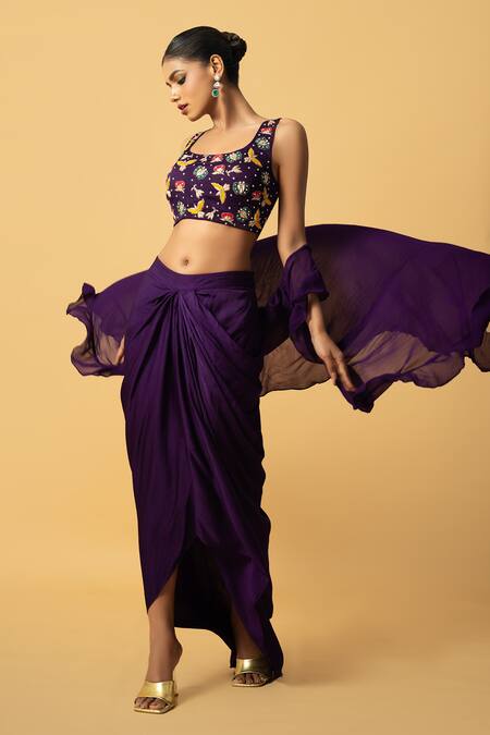Quench A Thirst_Purple Georgette, Modal Embroidery Round Neck Zardozi Blouse Cape Set _Online_at_Aza_Fashions