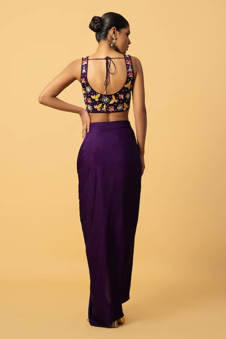 Buy_Quench A Thirst_Purple Georgette, Modal Embroidery Round Neck Zardozi Blouse Cape Set _Online_at_Aza_Fashions