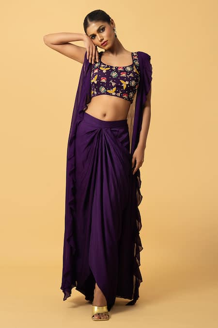 Shop_Quench A Thirst_Purple Georgette, Modal Embroidery Round Neck Zardozi Blouse Cape Set _Online_at_Aza_Fashions