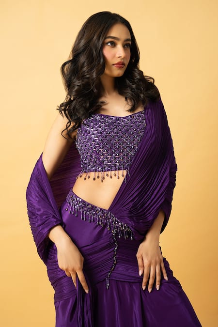 Quench A Thirst_Purple Crepe Beads, Sequins Sweetheart Embroidered Pre-draped Saree With Blouse _Online_at_Aza_Fashions