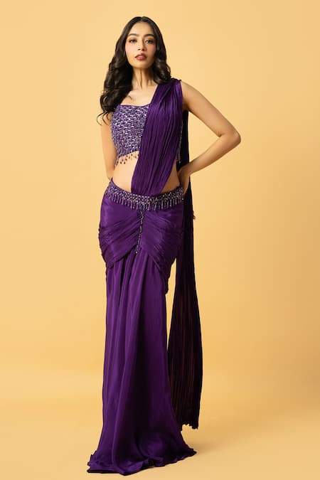 Shop_Quench A Thirst_Purple Crepe Beads, Sequins Sweetheart Embroidered Pre-draped Saree With Blouse _Online_at_Aza_Fashions