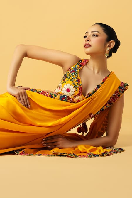 Quench A Thirst_Yellow Modal, Satin Floral Thread Embroidered Pre-draped Saree With Blouse _Online_at_Aza_Fashions