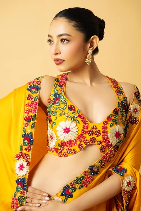 Shop_Quench A Thirst_Yellow Modal, Satin Floral Thread Embroidered Pre-draped Saree With Blouse _Online_at_Aza_Fashions