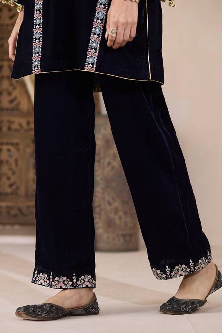 Shop Inej Blue Velvet Sequins, Embroidery Round Neck Kashmiri Kurta And Pant Set Online at Aza Fashions Shop_Inej_Blue Velvet Sequins, Embroidery Round Neck Kashmiri Kurta And Pant Set _Online_at_Aza_Fashions