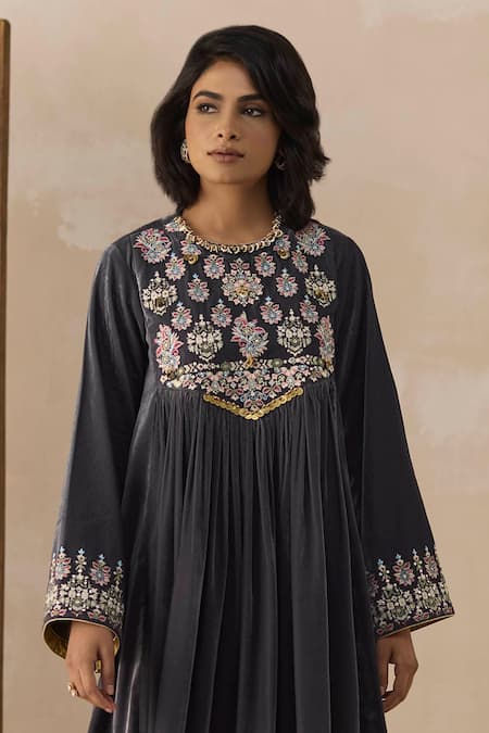 Shop Inej Grey Velvet Embroidery, Gota Patti Round Neck Anarkali And Salwar Set at Aza Fashions Shop_Inej_Grey Velvet Embroidery, Gota Patti Round Neck Anarkali And Salwar Set _at_Aza_Fashions